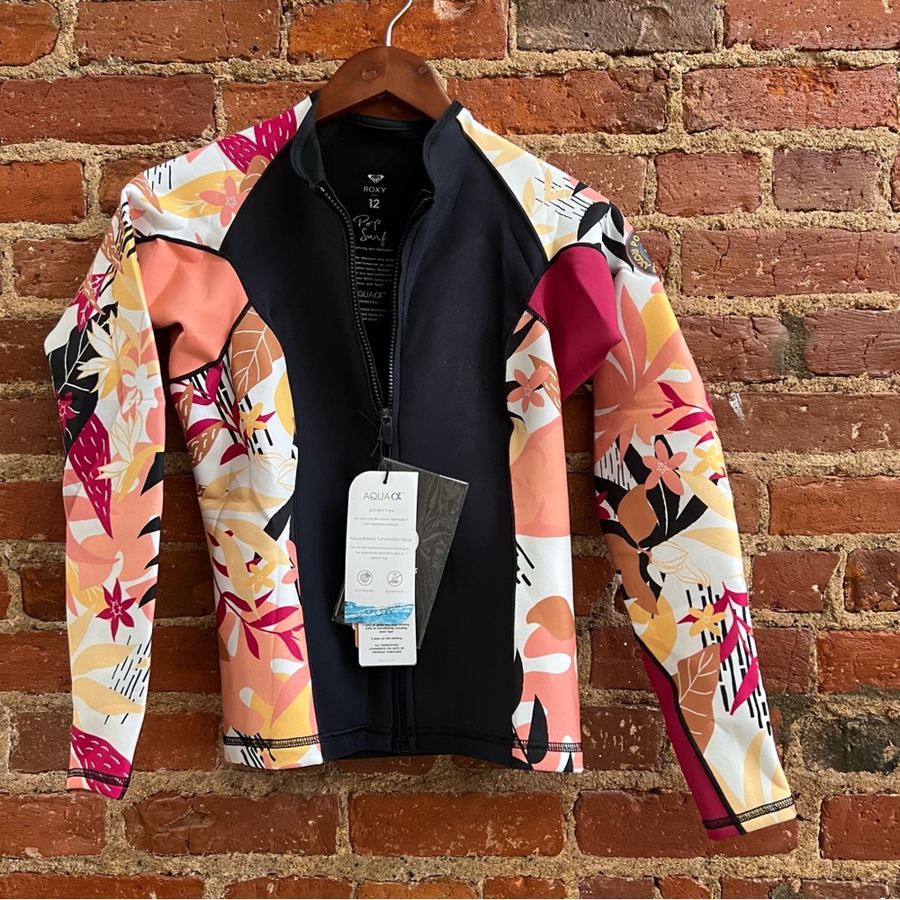 NWT Roxy Pop Surf swim neoprene zip top jacket size 12 black floral peach pink